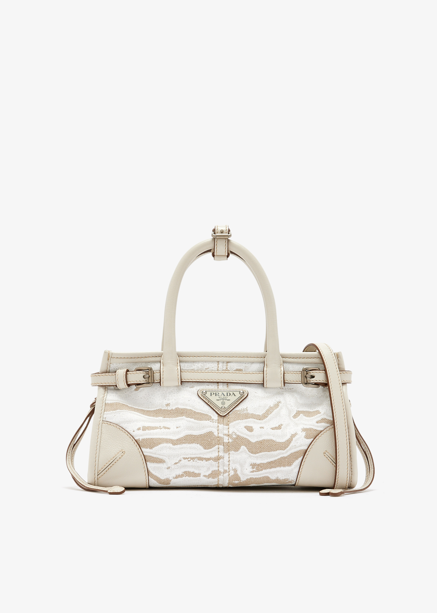 Prada Bonnie mini printed linen and leather handbag, White
Prada Bonnie mini printed linen and leather handbag, White