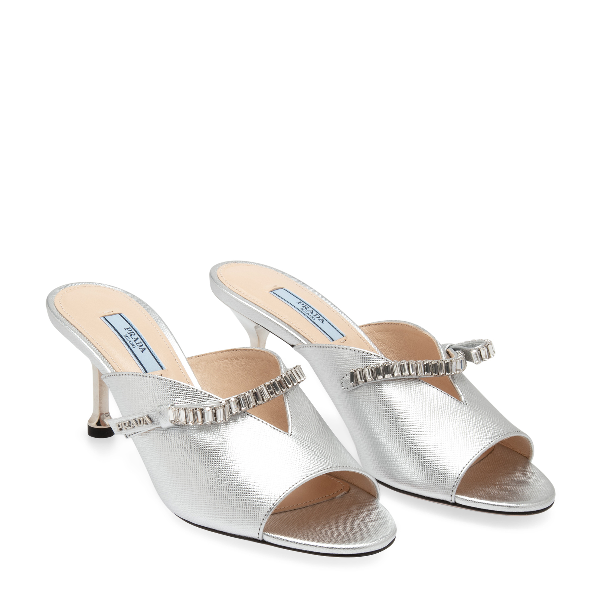 Crystal-embellished mules, Silver