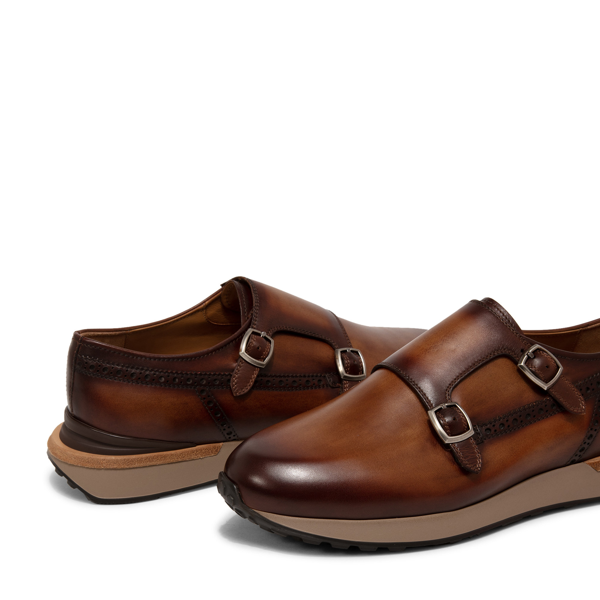 Leather monk-strap sneakers, Brown