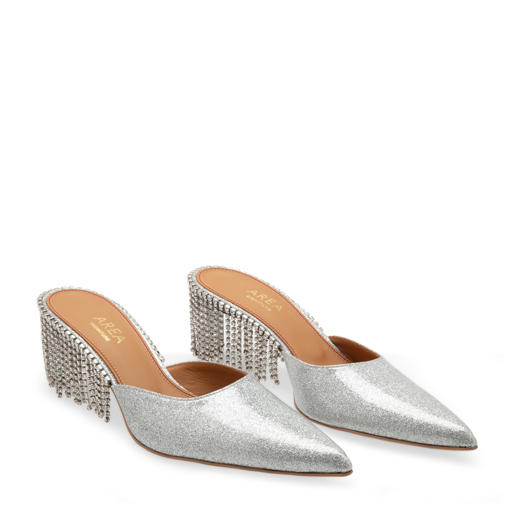 Crystal tassel mules, Silver