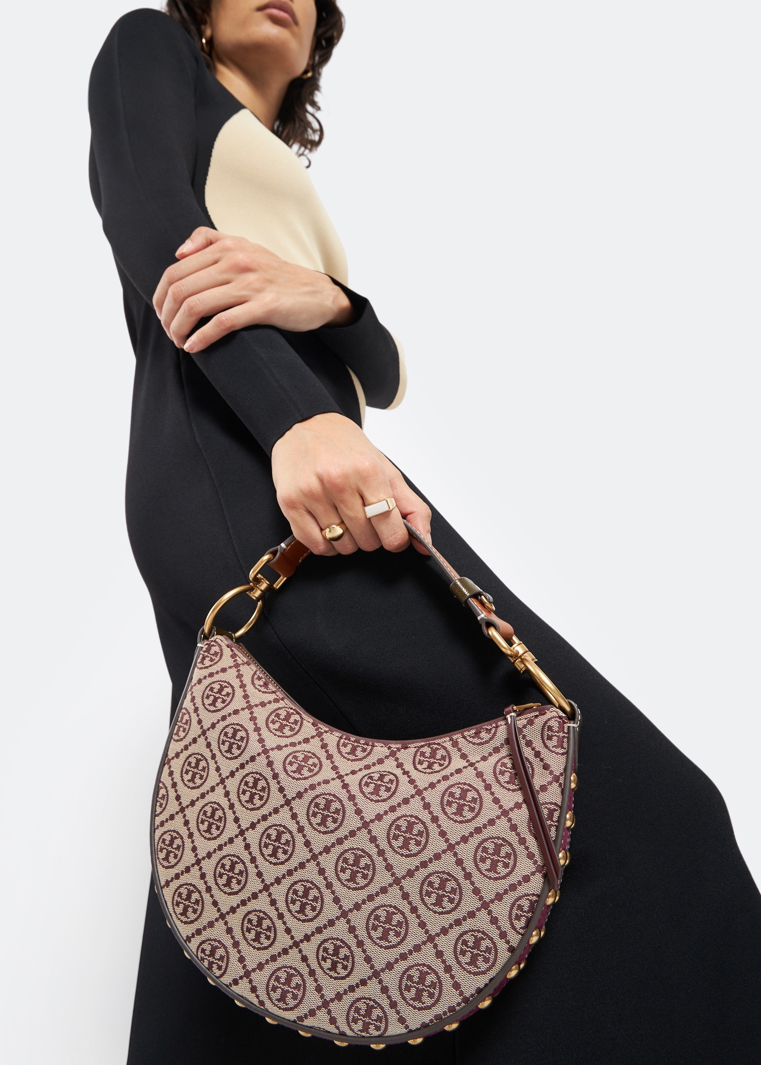 

T monogram studded mini crescent bag, Brown