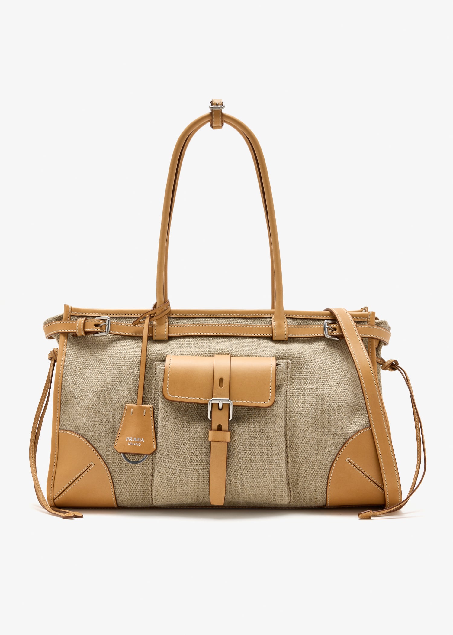 

Prada Bonnie linen and leather tote bag, Brown
