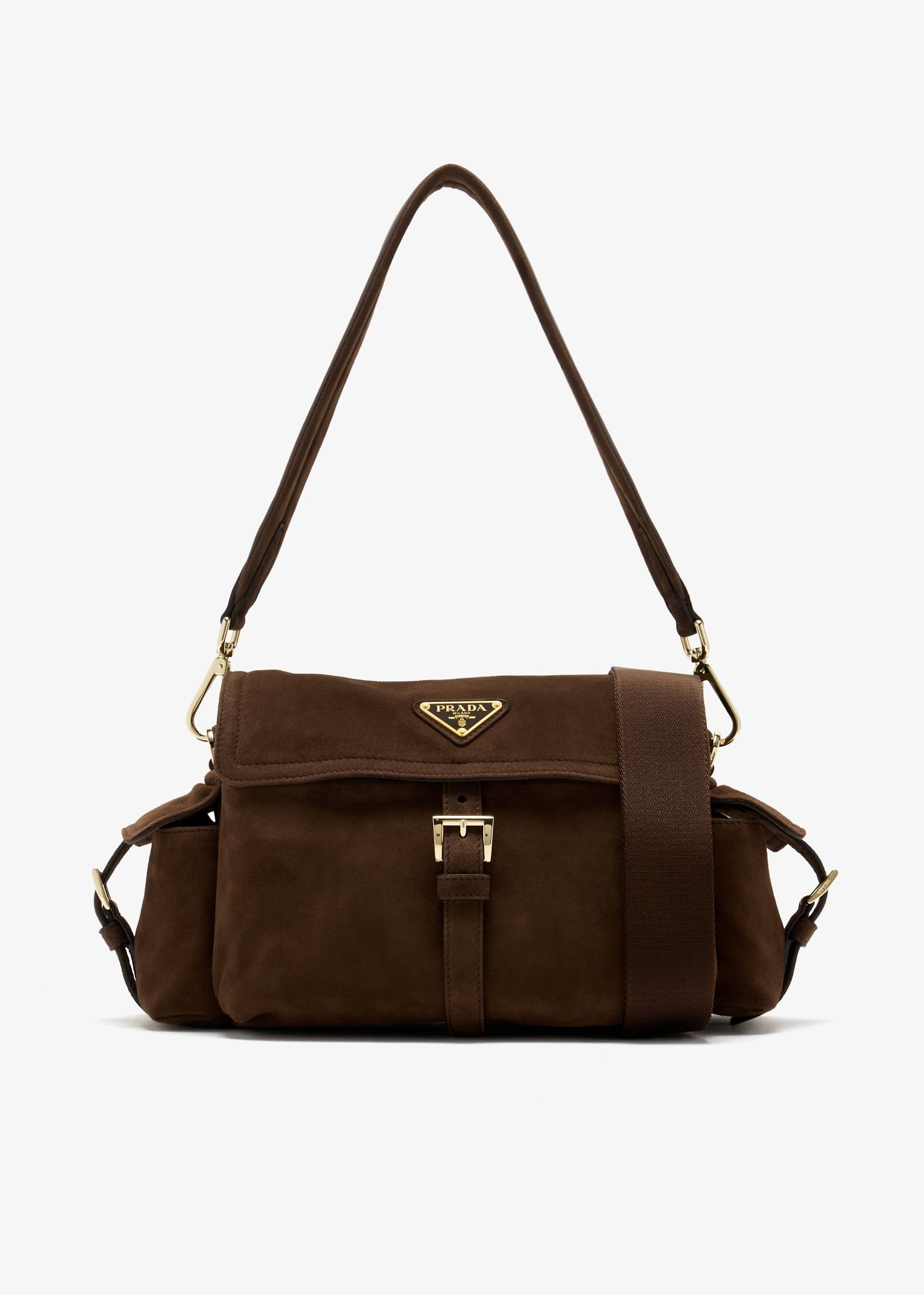

Prada Explore medium suede shoulder bag, Brown