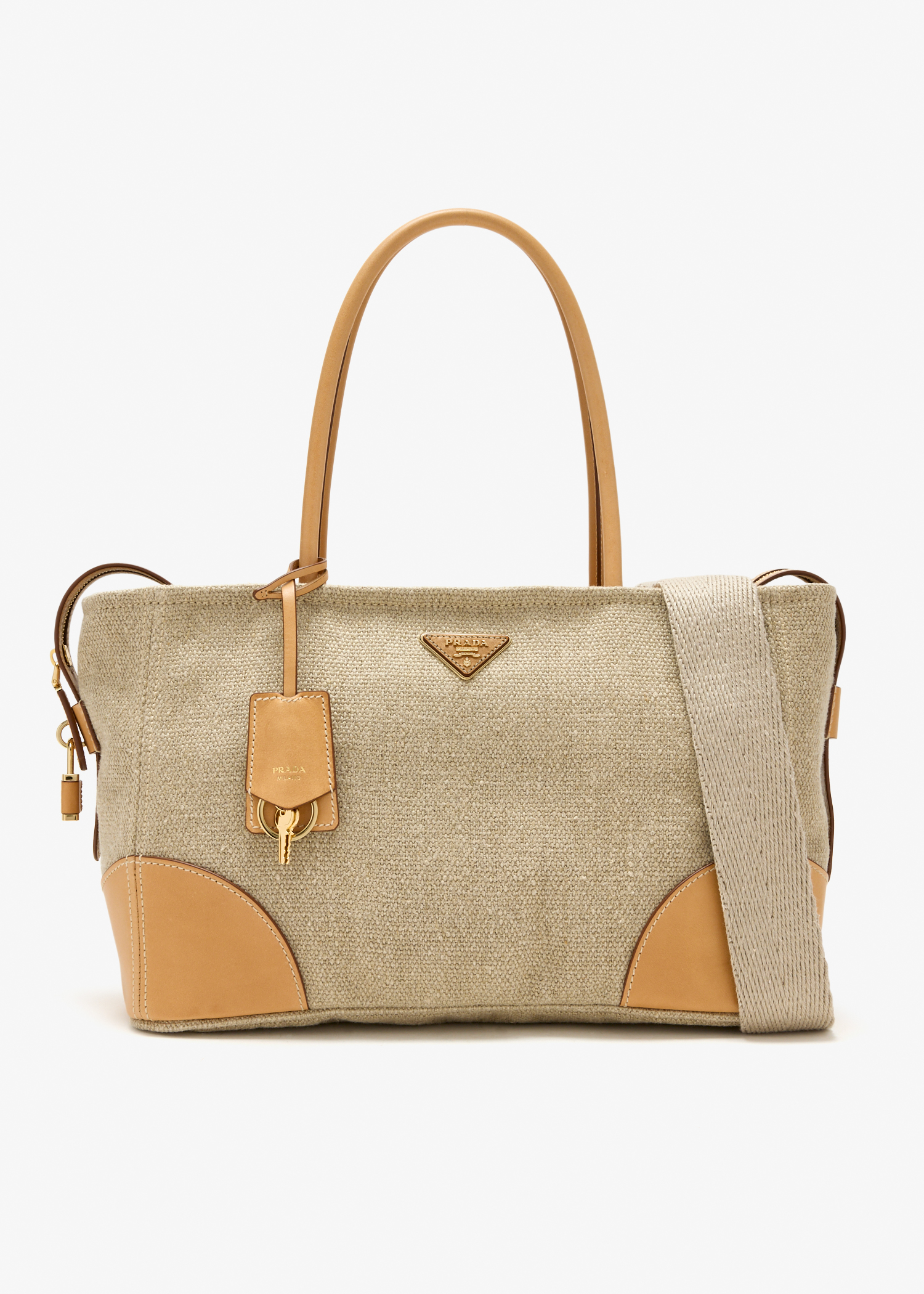 

Large linen and leather tote bag, Beige