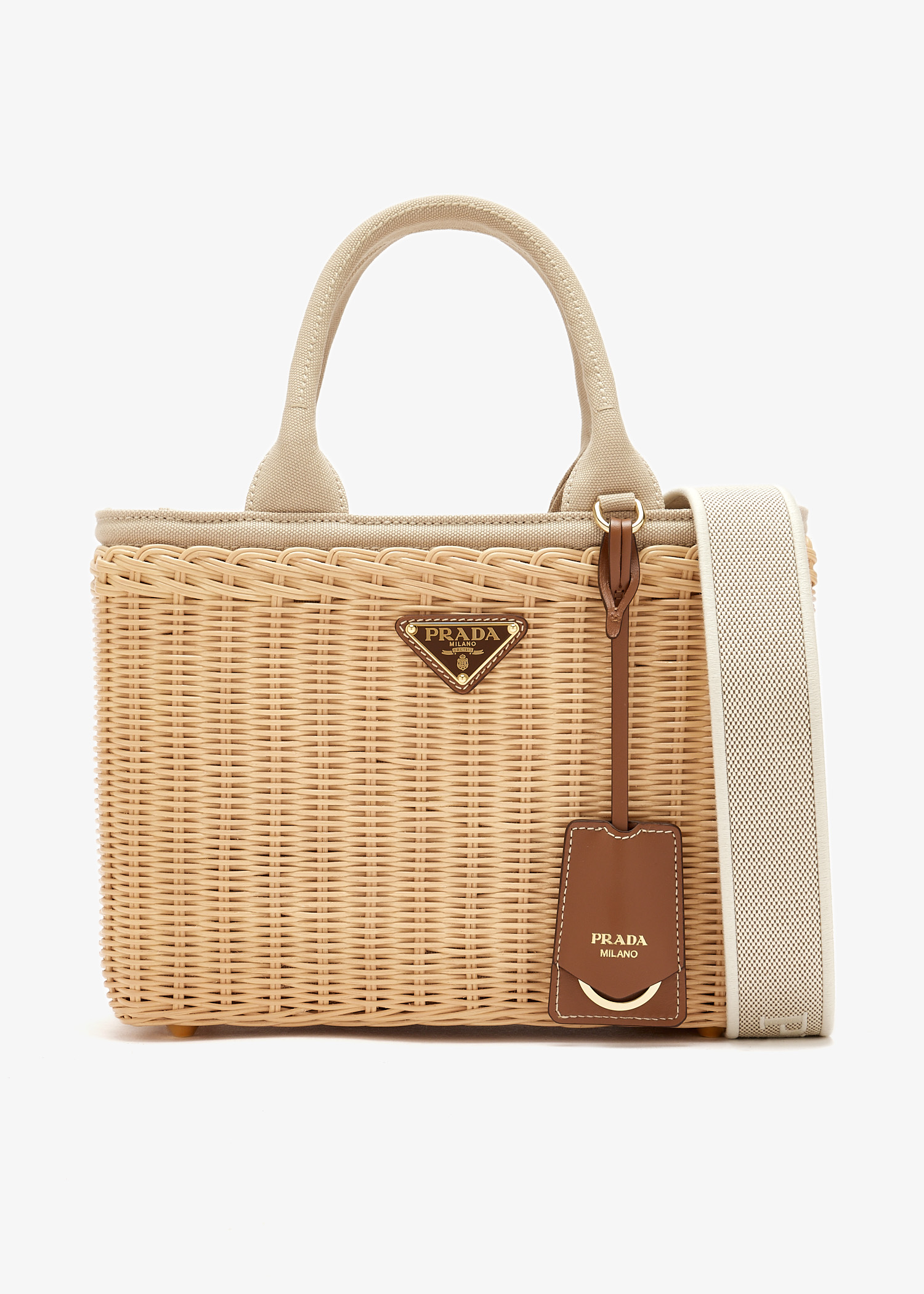 

Medium wicker and canvas tote bag, Beige