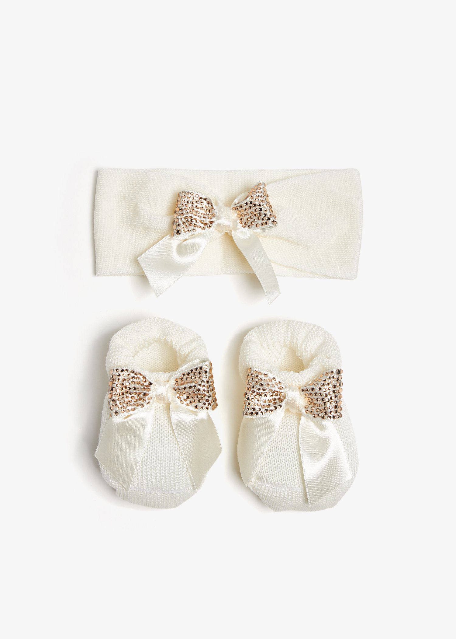 

Satin bow headband and booties set, White