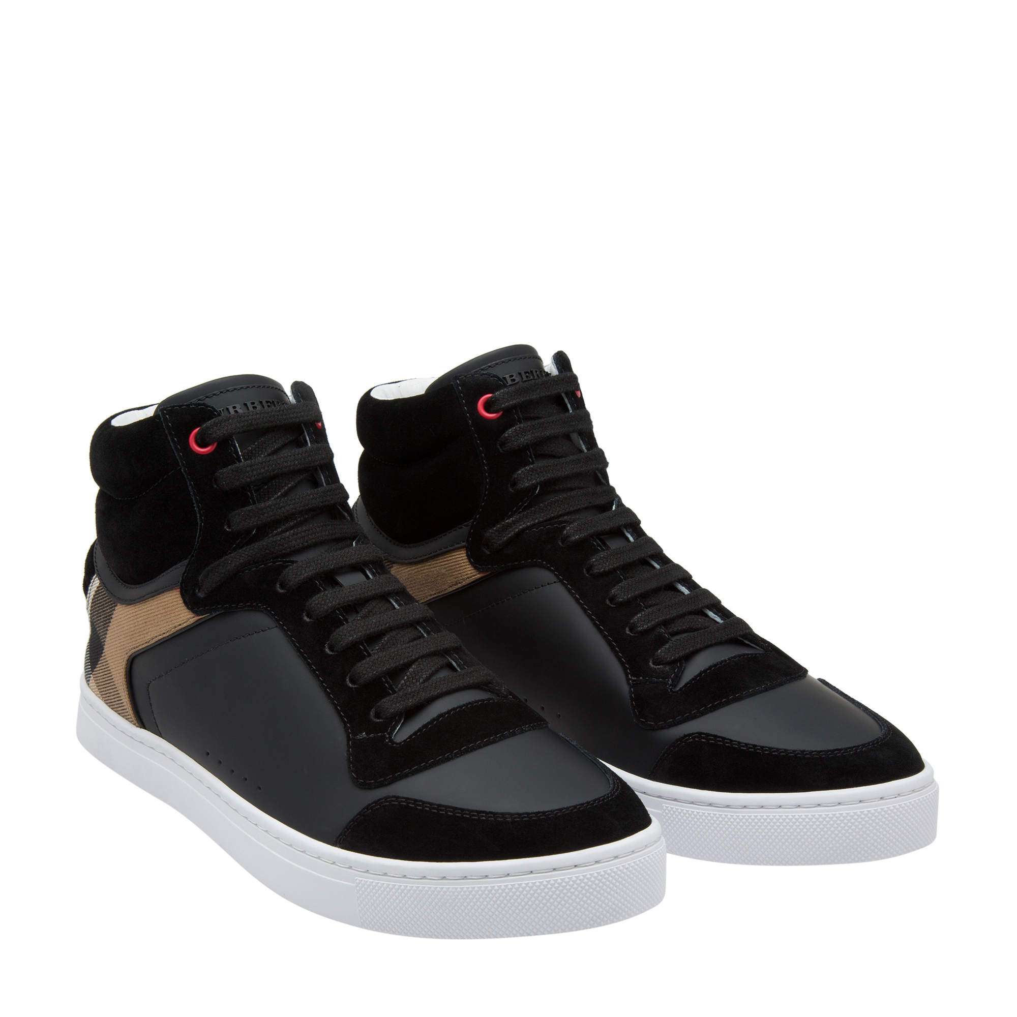 

House check and leather high-top sneakers, Black