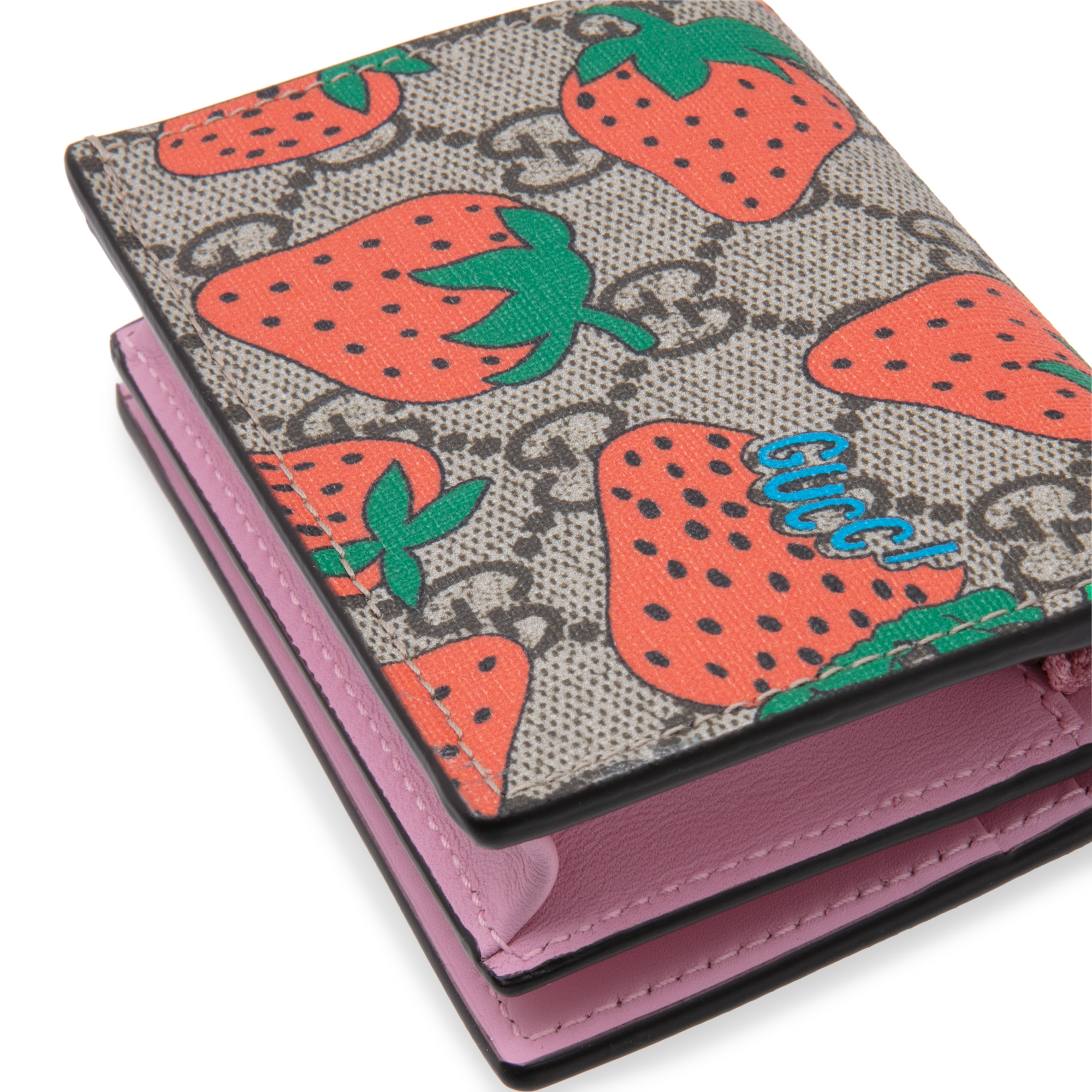 

GG Strawberry print card wallet, Multi-coloured