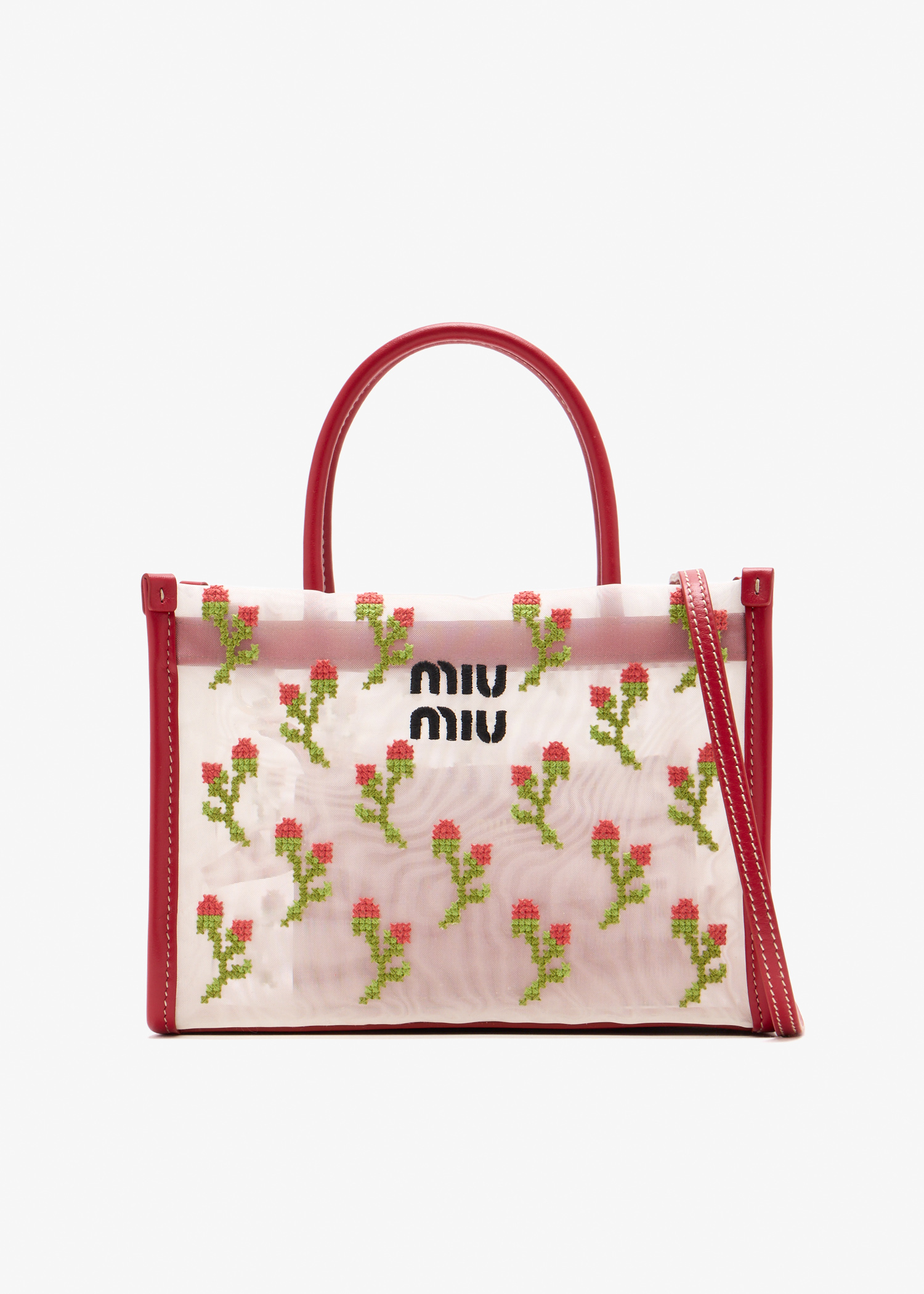 

Embroidered mesh top-handle bag, White