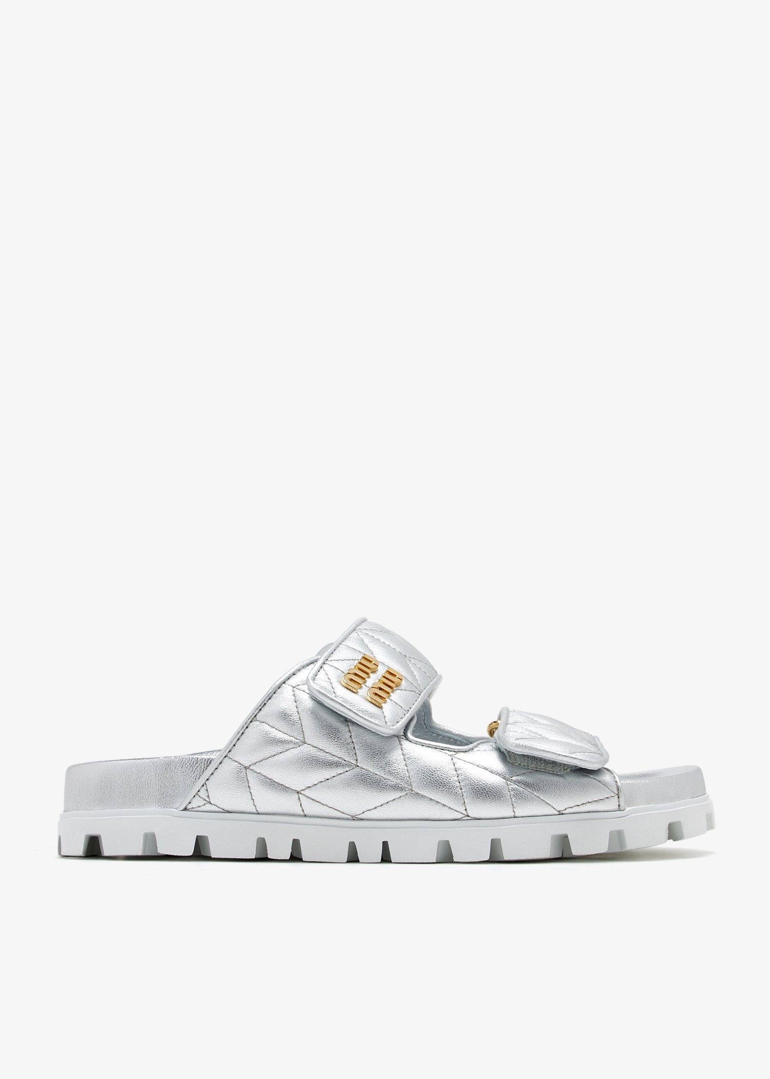 

Metallic matelassé nappa leather slides, Silver