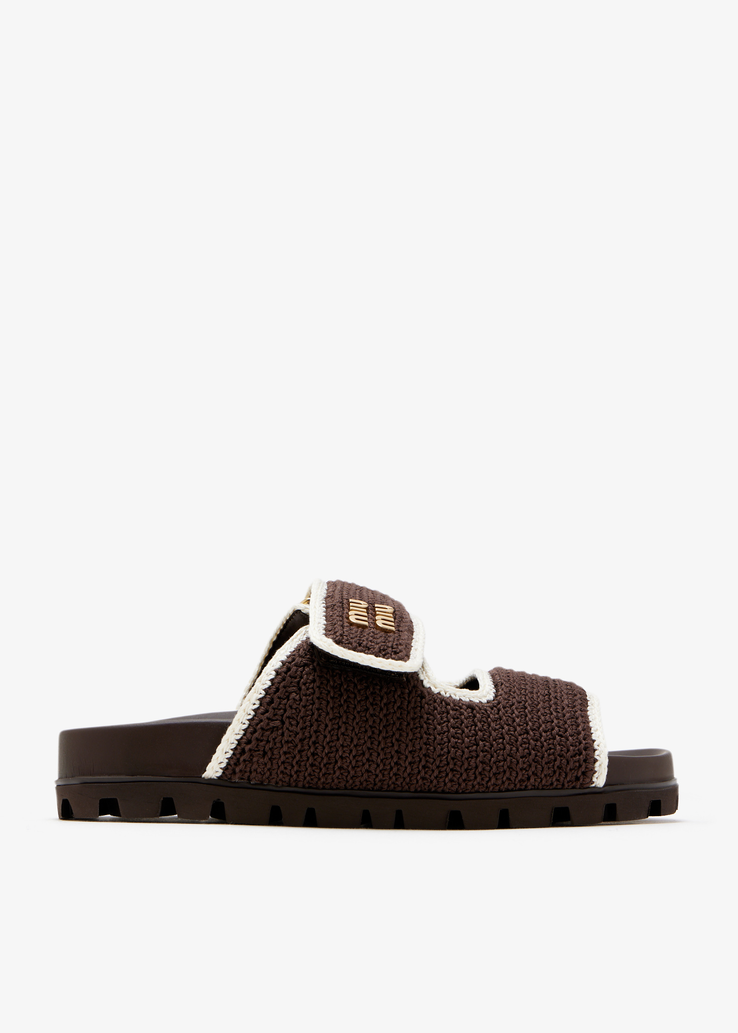 

Crochet knit slide sandals, Brown