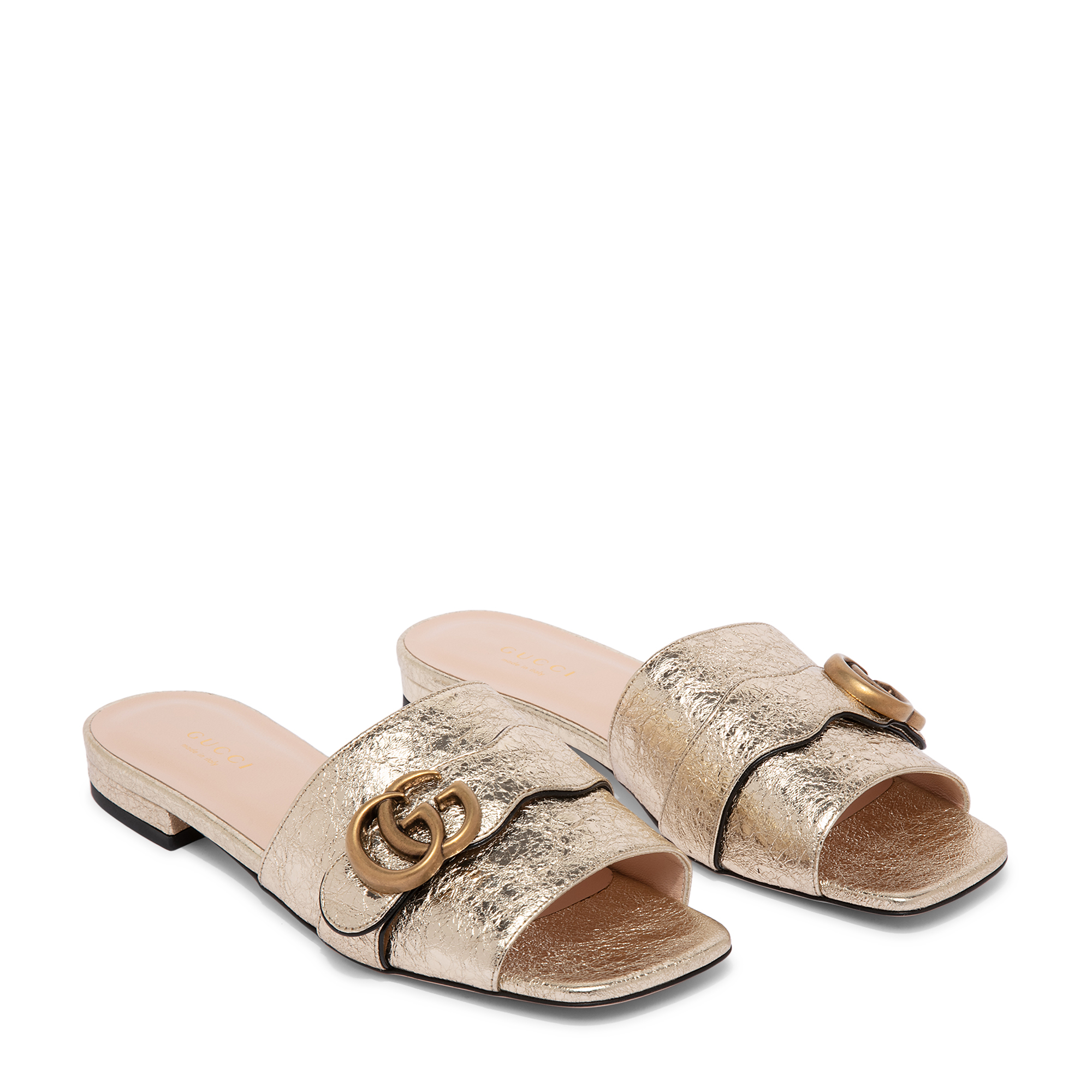 

GG leather flat sandals, Gold