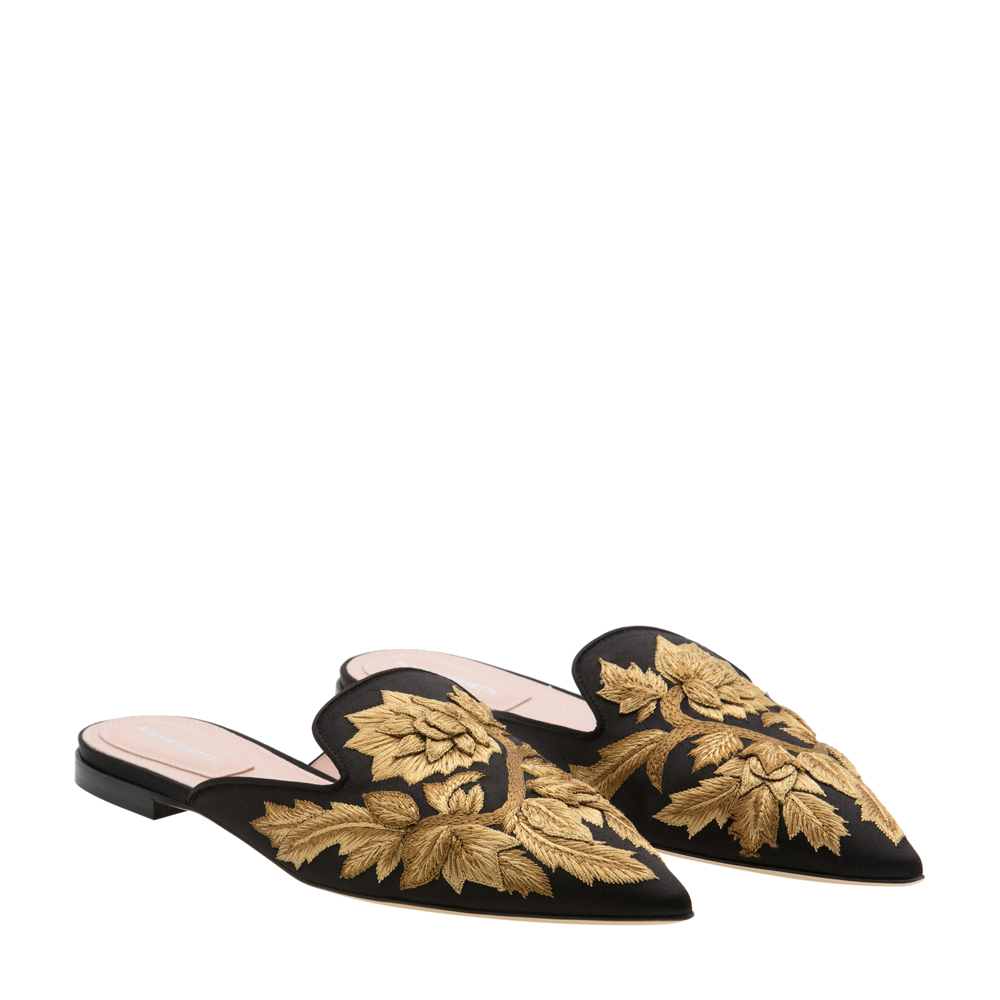 

Floral embroidered flat mules, Gold
