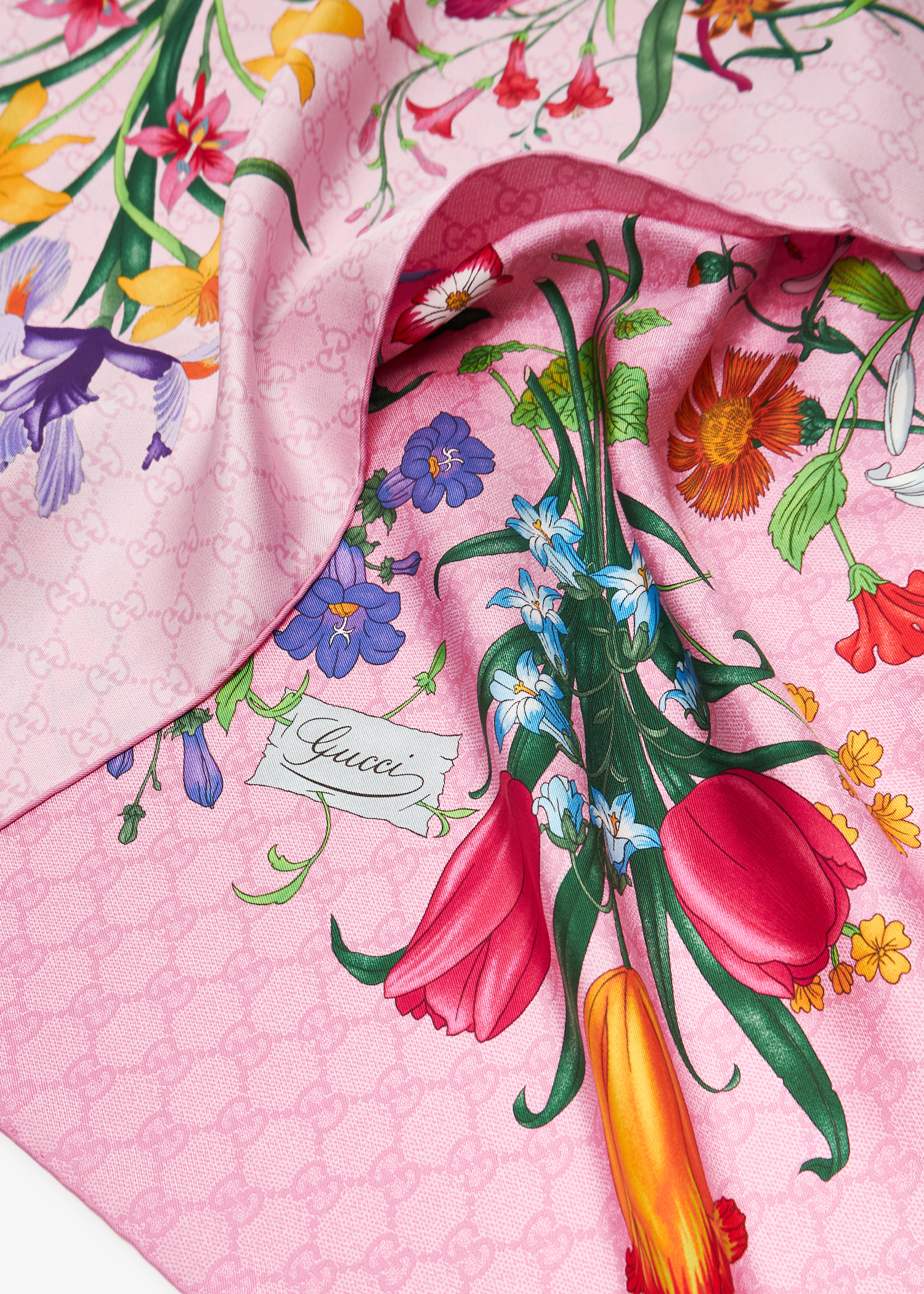 

Flora print silk twill scarf, Pink