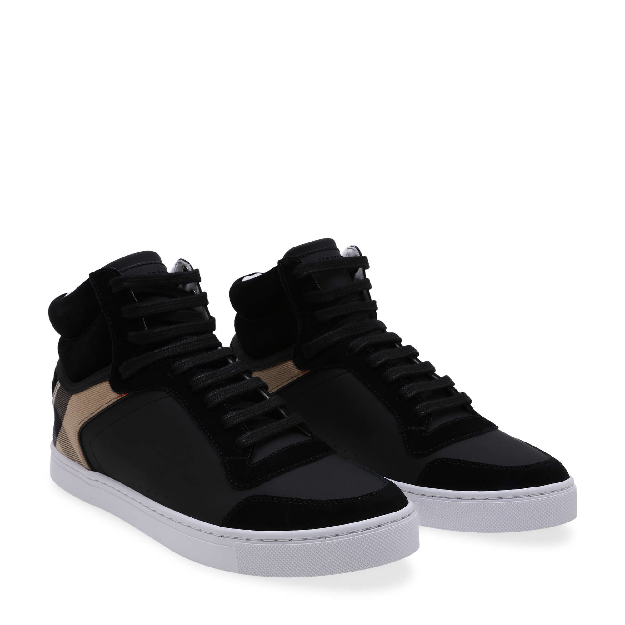 

House check and leather high-top sneakers, Black