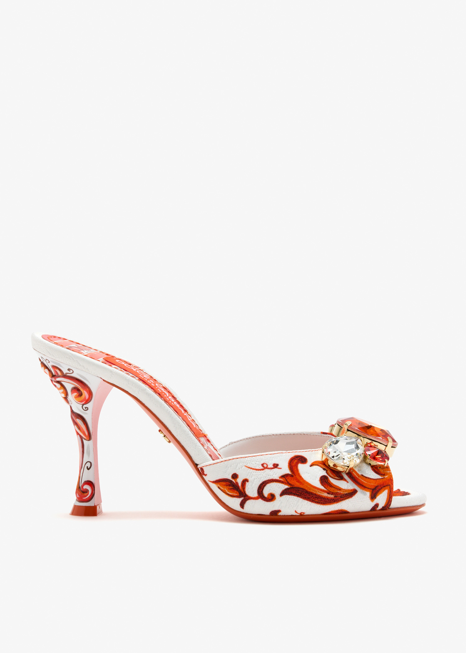 

Majolica-print brocade mules, Printed