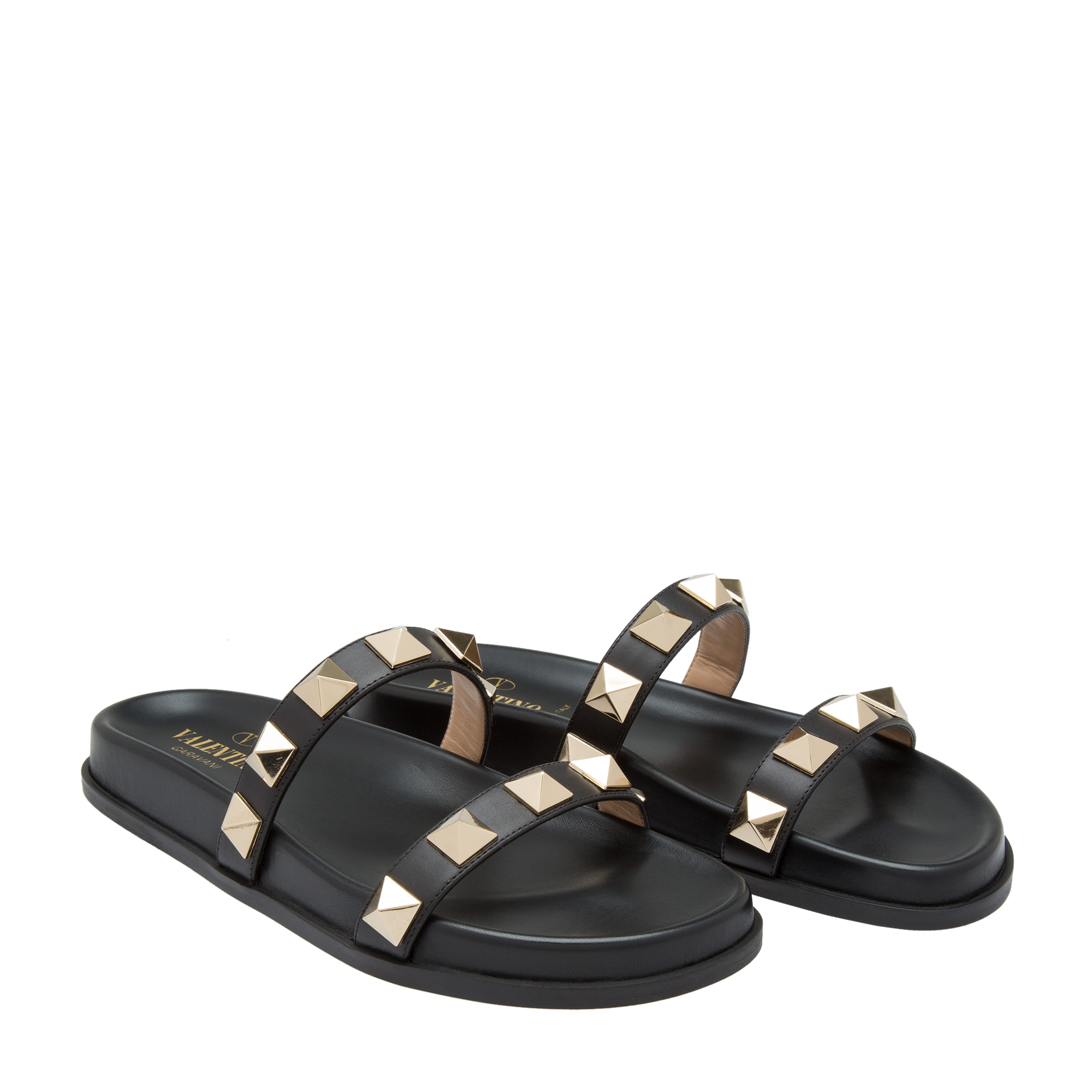 

Rockstud leather slides, Black