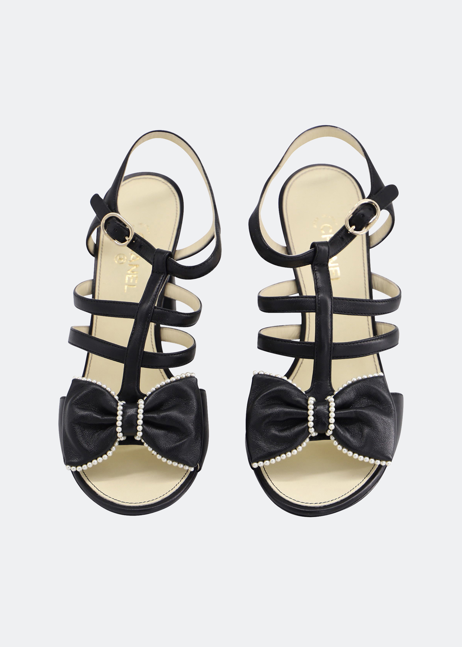 

Chanel Satin Pearl Bow Slingback Sandals, Black