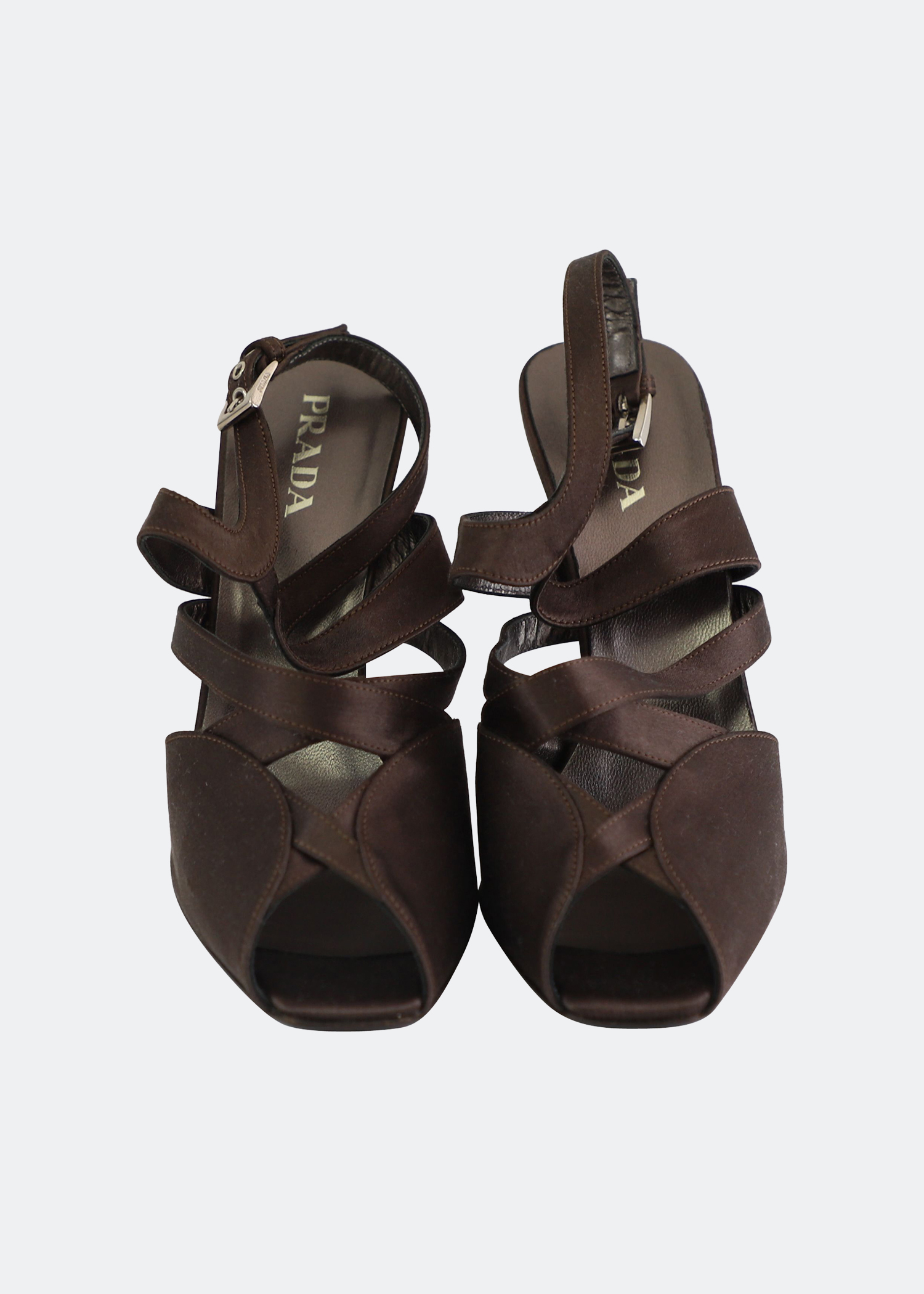 

Strappy high heel sandals in brown satin