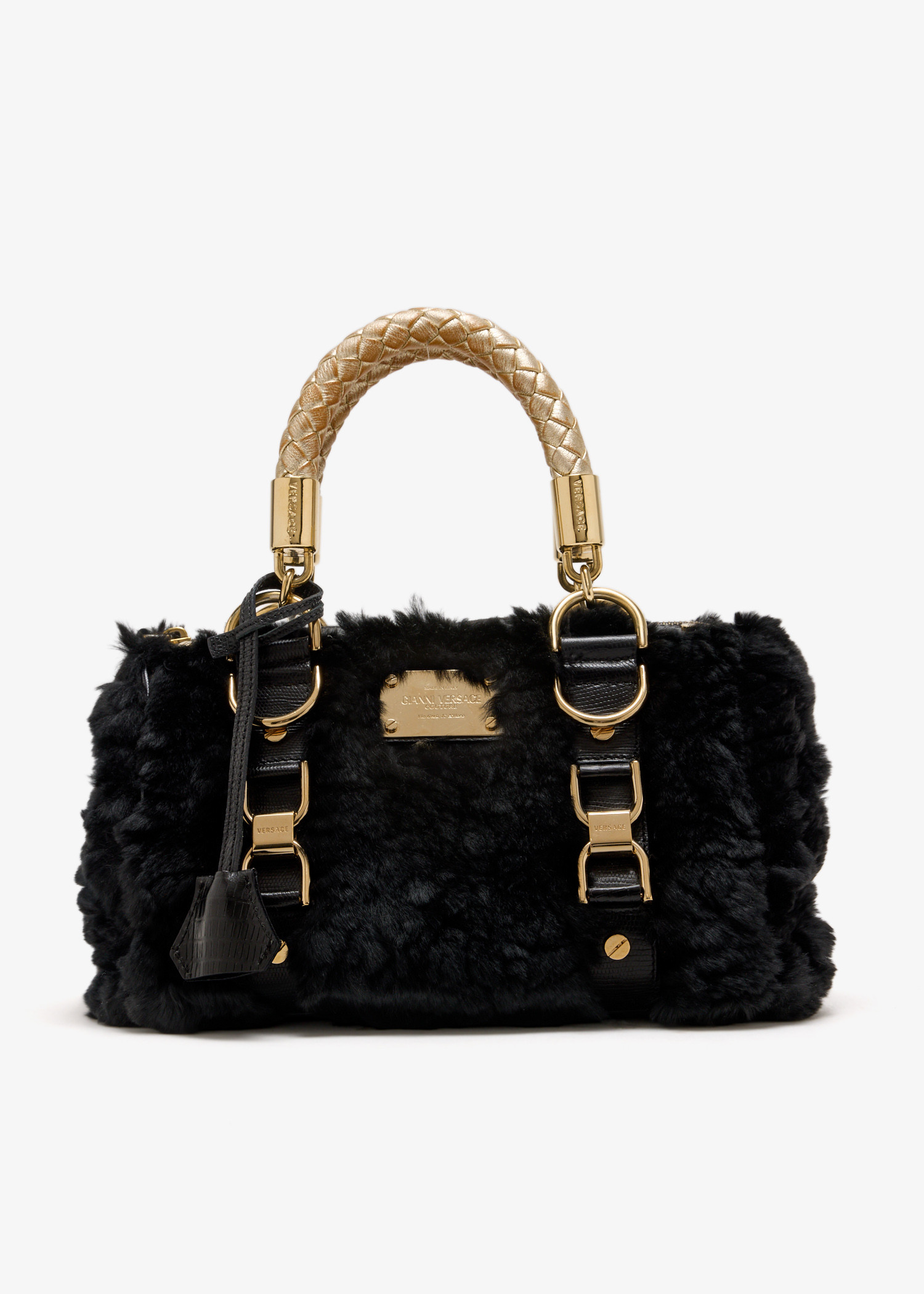 

Faux fur top handle bag, Black