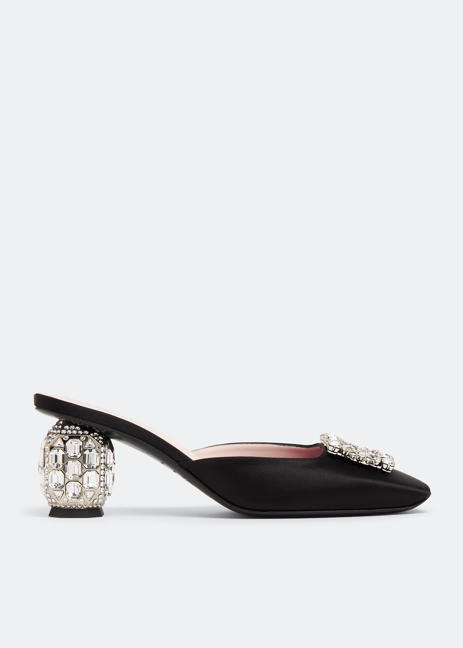 

Jewel heel rhinestone buckle mules, Black