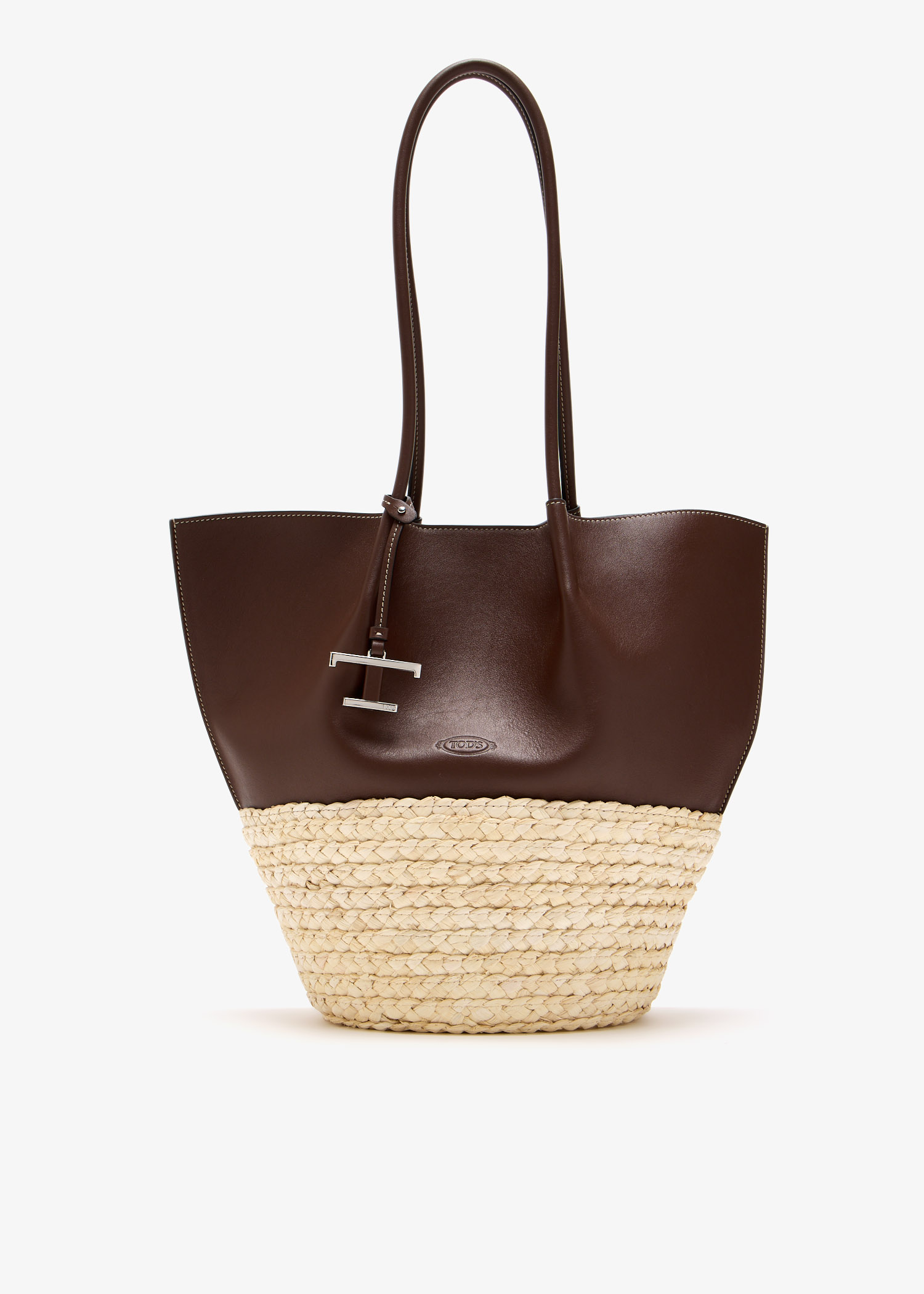 

Straw and leather medium tote bag, Brown